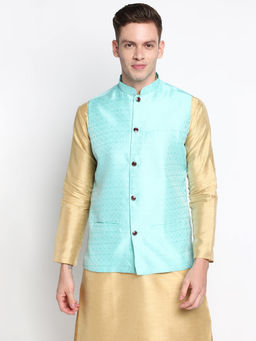 Devoiler - Men Blue Woven Printed Nehru Jacket
