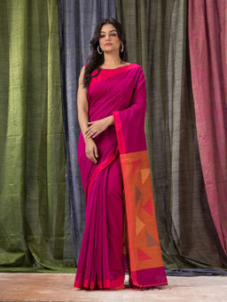 Angoshobha - Rani Pink Cotton Blended Traditional Jamdani Saree with Unstitched Blouse