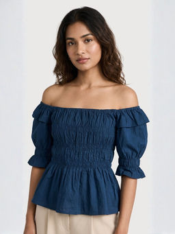 UNIMODA - Blue Poplin Smocking Top