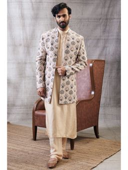 Soup by Sougat Paul - Sarouk Printed Longline Jacket With Kurta (Set of 3)