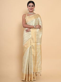 Mimosa - Women Traditional Kasavu Art Silk Beige Saree with Unstitched Blouse