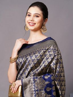 Akhilam - Navy Blue Festive Silk Blend Woven Design Saree with Unstitched Blouse with Unstitched