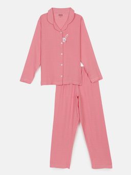 mackly - Girls Checked Peach Shirt and Pyjama (Set of 2)