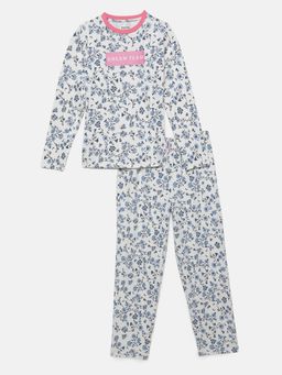 mackly - Girls Printed White & Blue T-Shirt and Pyjama (Set of 2)