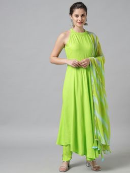 Meeranshi - Women Fluorescent Green Gathered Kurta With Trousers And Dupatta (Set of 3)