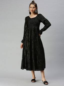 SHOWOFF - Women Striped Black Fit and Flare Dress