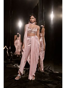 Masumi Mewawalla - Rose Gold Embroidered Drape Pant with Blouse and Scarf (Set of 3)