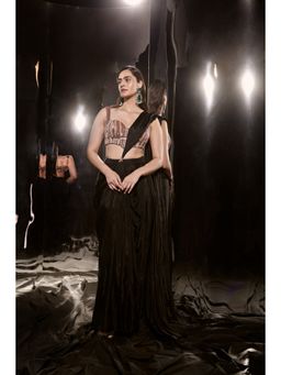 Masumi Mewawalla - Black Embroidered Pre-draped Saree with Corset Blouse