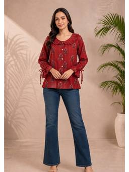PANCHRANGA - Red Zariya Ajrakh Ruffle Top
