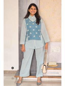 Pink Tree - Blue Embroidered Stripe Waist Shirt with Vest and Pant