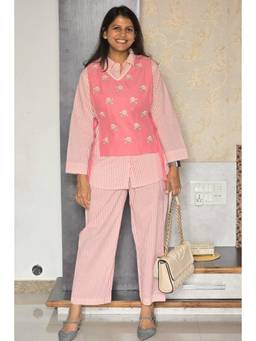 Pink Tree - Pink Embroidered Stripe Waist Shirt with Vest and Pant