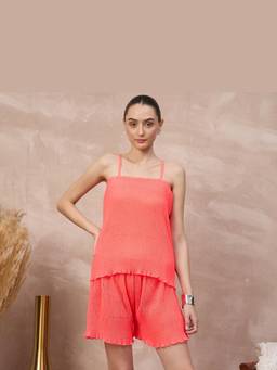 First Resort by Ramola Bachchan - Neon Pink Camisole and Pleated Shorts Set