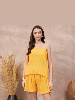 First Resort by Ramola Bachchan - Orange Camisole and Pleated Shorts Set