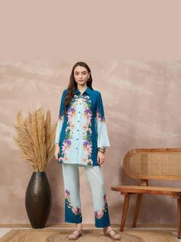 First Resort by Ramola Bachchan - Blue Double Colour Floral Print Shirt with Pants