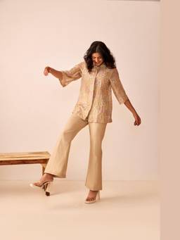 THE RIGHT CUT - Beige Chanderi Silk Hand Embroidered Shirt