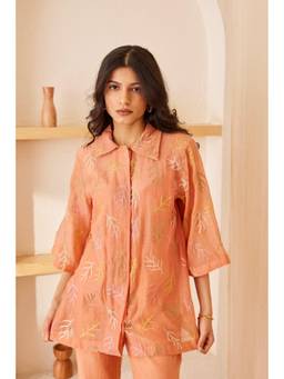 THE RIGHT CUT - Peach Chanderi Silk Hand Embroidered Shirt