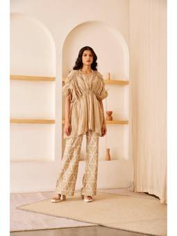 THE RIGHT CUT - Beige Chanderi Silk Applique Embroidered Pants