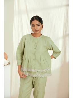 THE RIGHT CUT - Green Linen Hand Embroidered Top
