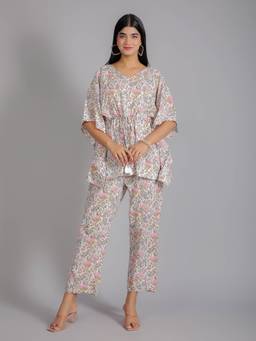 House of Gulab - White Floral Pink Print On White Cotton Co-Ord Sets