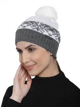 513 - Women Grey Self Design Pompom Beanie