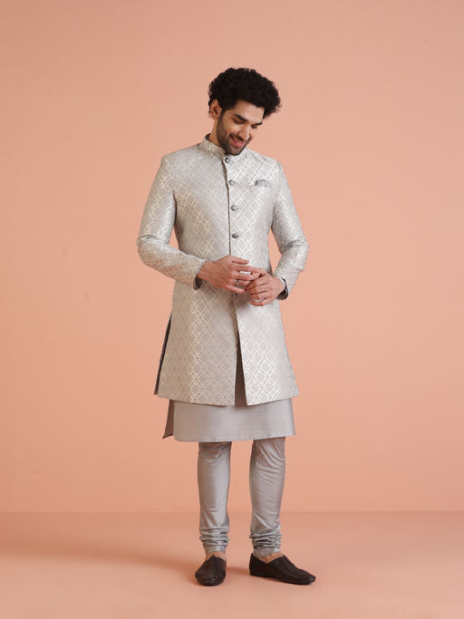 KISAH Mens Grey Self Design Kurta with Sherwani with Churidar (Set of 3)