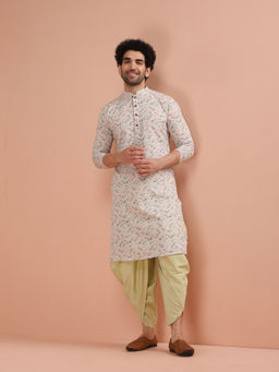 KISAH - Mens Beige Printed Kurta with Dhoti (Set of 2)