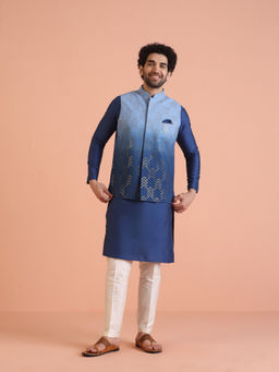 KISAH - Mens Blue Embellished Sequinned Kurta with Jacket & Pant (Set of 3)