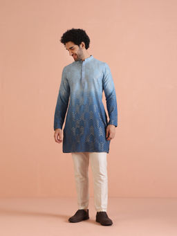 KISAH - Mens Blue Embroidered Kurta with Pant (Set of 2)