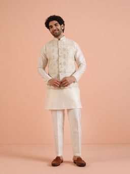 KISAH - Mens Off White Self Design Ethnic Motifs Kurta with Jacket & Pant (Set of 3)