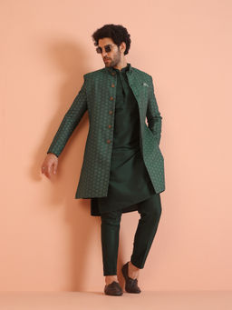 KISAH - Mens Green Self Design Kurta with Sherwani with Pant (Set of 3)