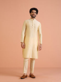 KISAH - Mens Cream Self Design Kurta with Sherwani with Pant (Set of 3)
