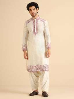 KISAH - Mens Off White Embroidered Kurta with Patiyala (Set of 2)
