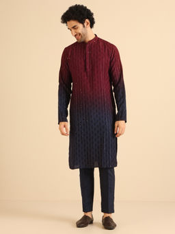 KISAH - Mens Maroon Embellished Kurta with Pant (Set of 2)