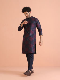KISAH - Mens Navy Blue Embroidered Kurta with Pant (Set of 2)