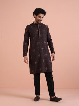 KISAH - Mens Black Printed Kurta with Pant (Set of 2)