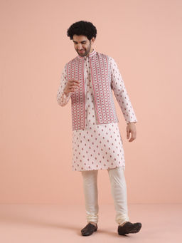 KISAH - Mens Pink Floral Printed Kurta with Jacket & Churidar (Set of 3)