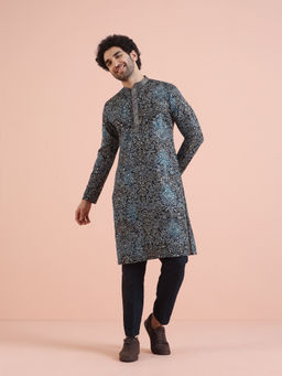 KISAH - Mens Navy Blue Printed Bandhani Kurta with Pant (Set of 2)