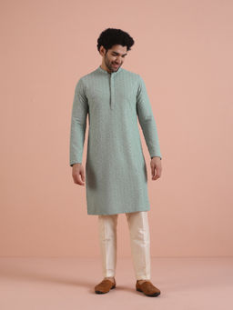 KISAH - Mens Green Embroidered Thread Work Kurta with Pant (Set of 2)