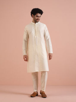 KISAH - Mens Off White Pleated Kurta with Pant (Set of 2)