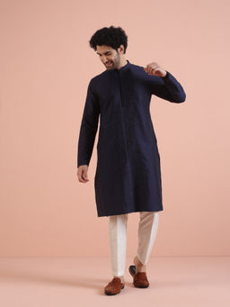 KISAH - Mens Navy Blue Pleated Kurta with Pant (Set of 2)