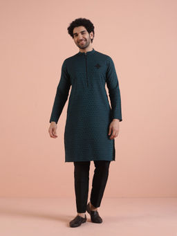 KISAH - Mens Teal Self Design Patch Work Kurta with Pant (Set of 2)
