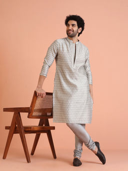 KISAH - Mens Grey Self Design Ethnic Motifs Kurta with Churidar (Set of 2)