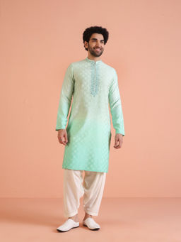KISAH - Mens Green Embellished Mirror Work Kurta with Patiyala (Set of 2)