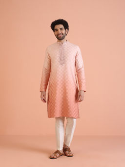 KISAH - Mens Peach Embellished Mirror Work Kurta with Pant (Set of 2)