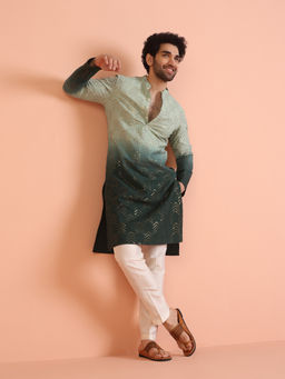 KISAH - Mens Green Embellished Sequinned Kurta with Pant (Set of 2)
