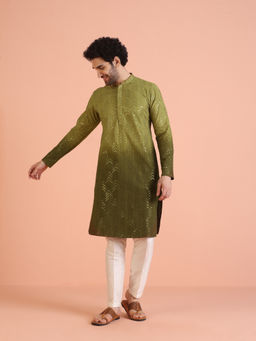 KISAH - Mens Olive Embellished Sequinned Kurta with Pant (Set of 2)
