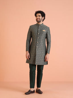 KISAH - Mens Grey Floral Sherwani with Pant (Set of 2)