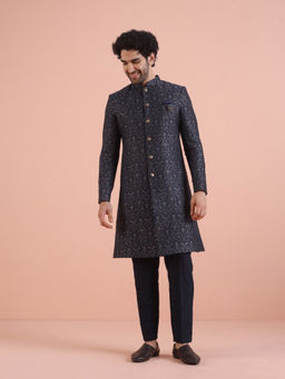 KISAH - Mens Navy Blue Self Design Ethnic Motifs Sherwani with Pant (Set of 2)
