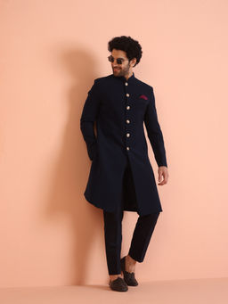 KISAH - Mens Navy Blue Solid Sherwani with Pant (Set of 2)