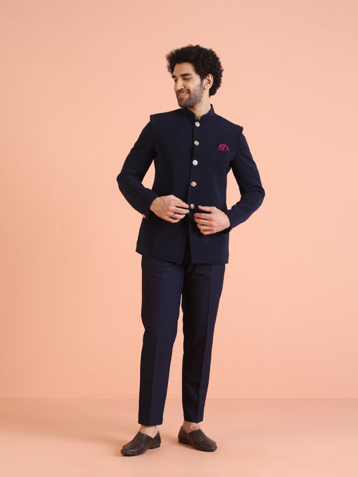KISAH Mens Navy Blue Solid Jodhpuri Bandhgala with Trouser (Set of 2)